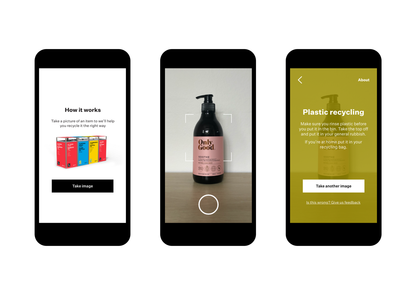 Mobile screenshots of Bin Right identifying a plastic bottle.