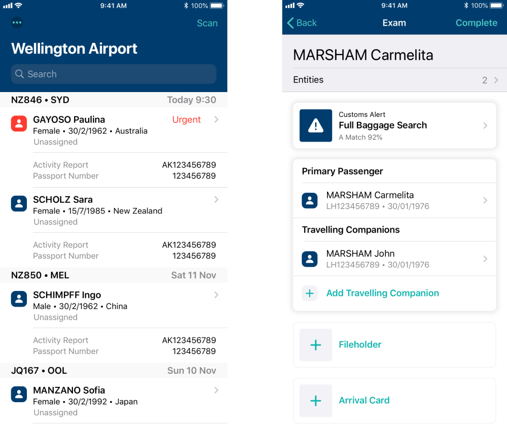 Screenshots of the NZ Customs Frontline Mobility App