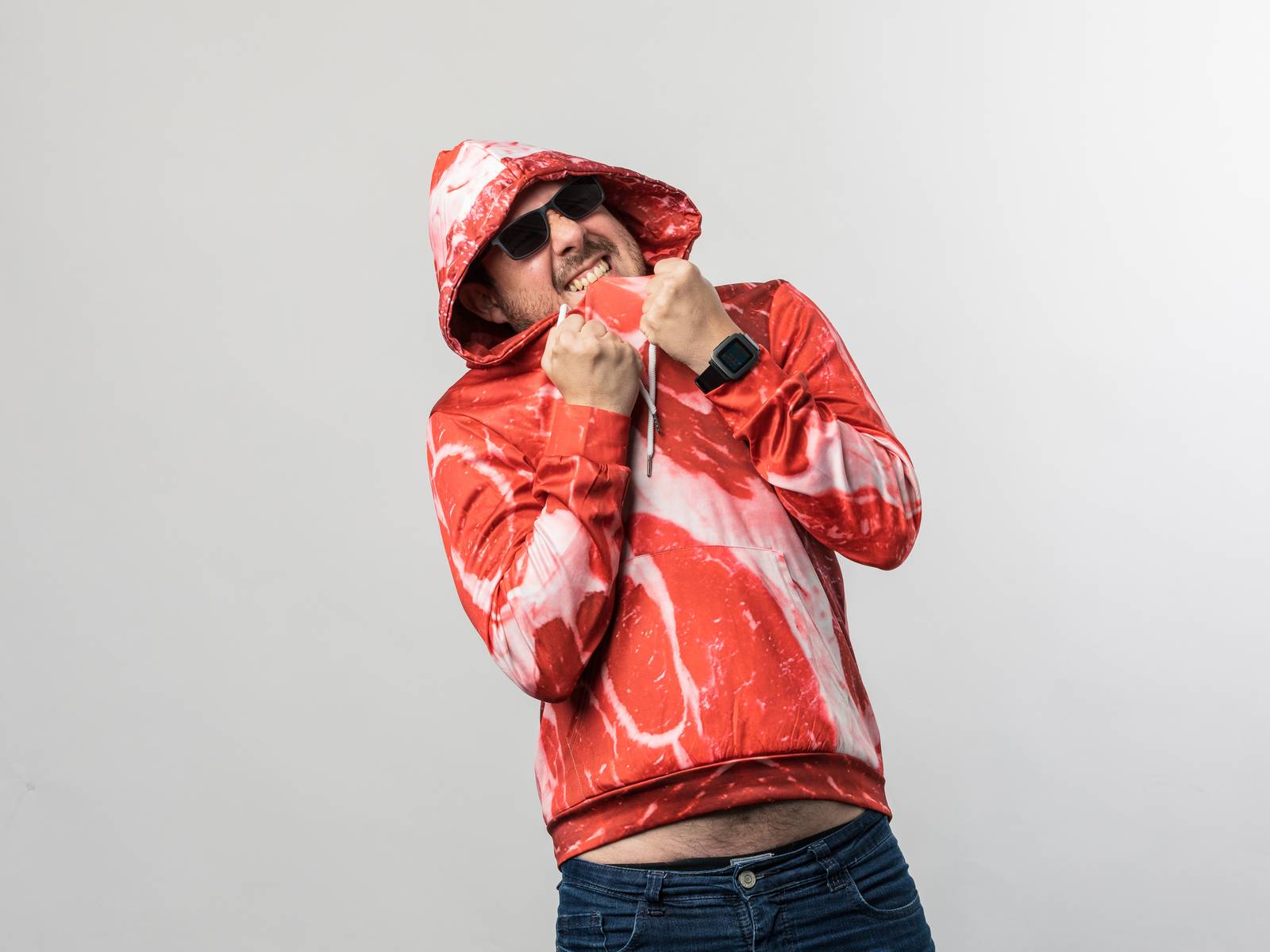 Michel Mattos in a bright hoody and shades