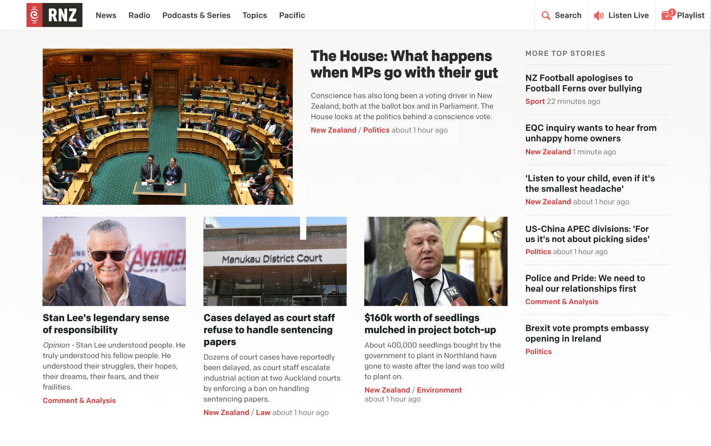 Screenshot of the Radio NZ homepage