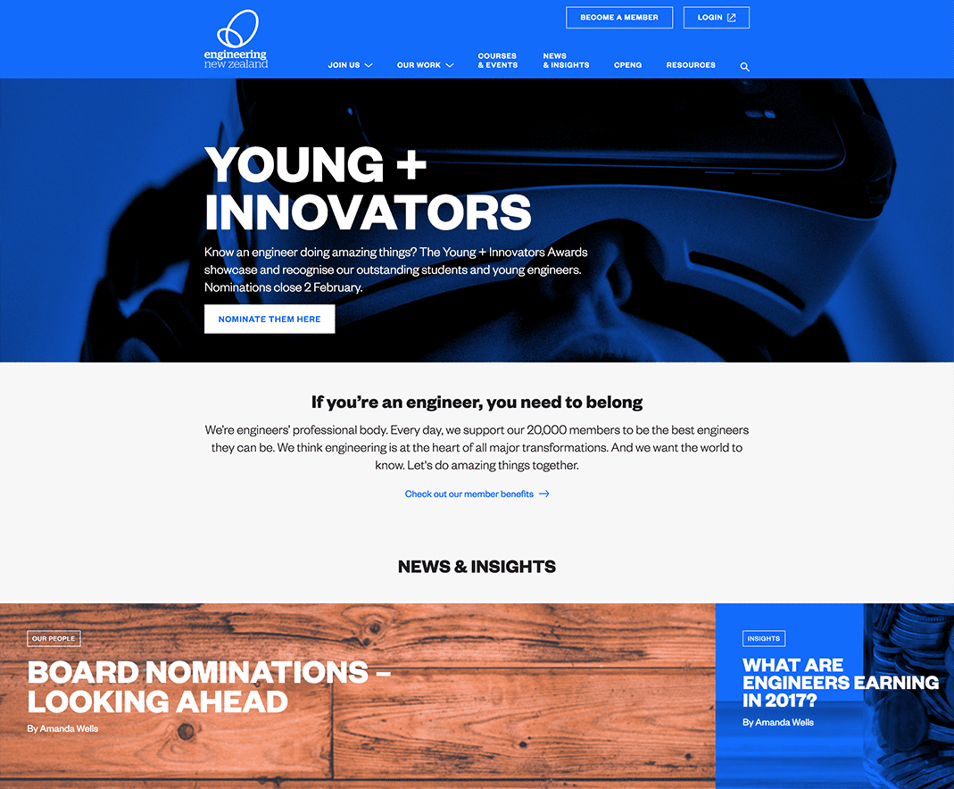 A screenshot of Engineering New Zealand's homepage