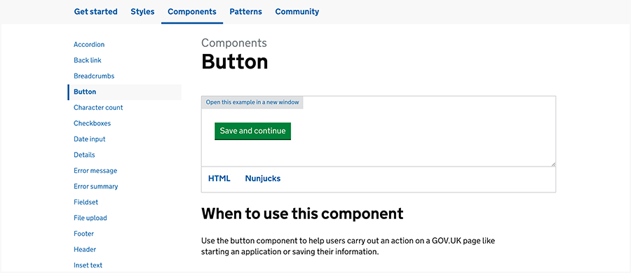 GOV.UK design system components section