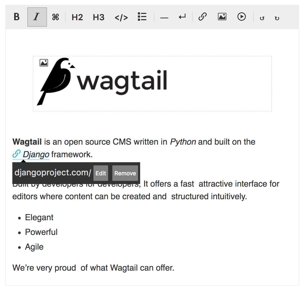 The new Draftail rich-text-editor interface.